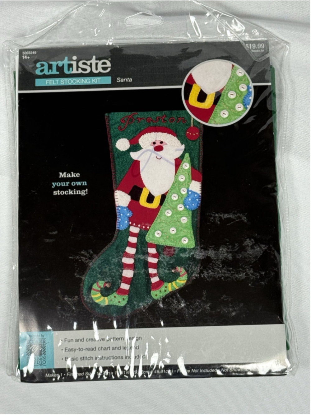 Artiste Christmas Craft Felt Applique Stocking Kit Santa w/ Tree Whimsical NEW
